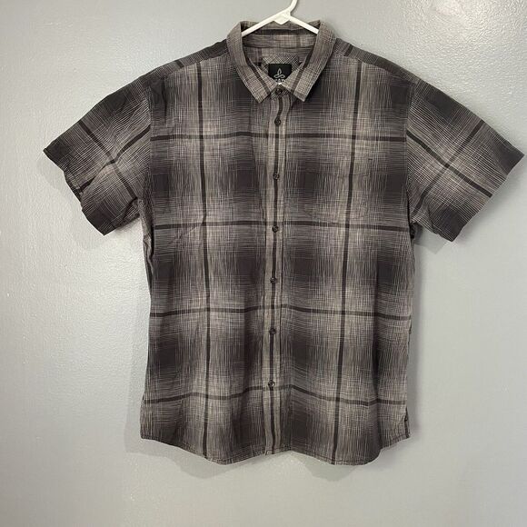 PrAna Shirt‎ Mens XL Gray Plaid Organic Cotton Blend Front Pocket Performance - Picture 1 of 11